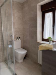 a bathroom with a toilet and a glass shower at Las tres Luces Casa 2 in Picones +19 photos