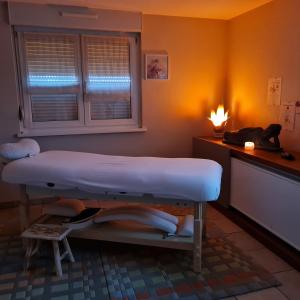 a bed in a room with a dog laying on a counter at Chambre d'hôtes Le Lavandin in Kleingoeft