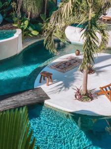 una piscina con una palmera y una mesa en Beyond Bayou en Seminyak