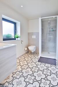 a bathroom with a shower and a toilet and a sink at La Cense de Baudecet - La Fabrique in Gembloux +6 photos