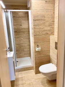 La salle de bains est pourvue d'une douche et de toilettes blanches. dans l'établissement Lakeview apartment with big terrace, à Zamárdi