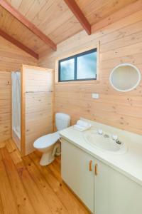 a bathroom with a white sink and a toilet at Lakes and Craters Holiday Park in Camperdown