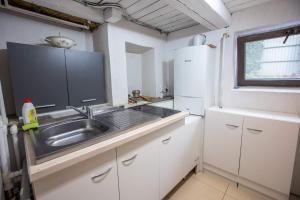 a kitchen with a sink and a refrigerator at Casa Andy in Buşteni +85 photos