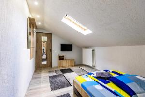 a bedroom with a bed and a television in it at Casa Andy in Buşteni