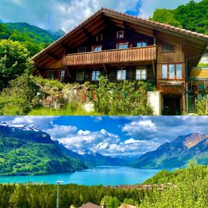 a house in the mountains and a lake at Charmant Chalet mit See und Bergsicht in Hofstetten 