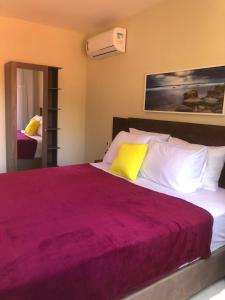 a bedroom with a large bed with a purple blanket at Dei Fiori Guaramiranga in Guaramiranga