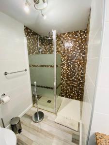 a shower with a glass door in a bathroom at Lagos del cotillo in Cotillo