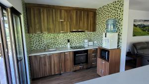 a kitchen with wooden cabinets and a sink and a microwave at Vila Pestera in Peştera