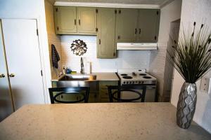 a kitchen with green cabinets and a counter top at Central Automobile Alley Modern 1BDR - WIFI in Oklahoma City