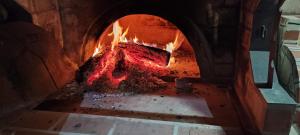 a brick oven with a fire in it at Apartment Bankya in Bankya