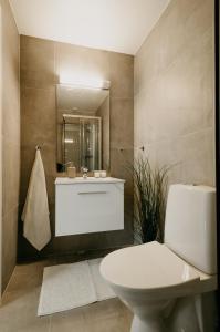 a bathroom with a toilet and a sink and a mirror at Bergen Beds - Serviced apartments in the city center in Bergen