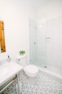 a white bathroom with a toilet and a shower at Guesthouse Charleston SOUTH 82 A in Charleston +5 photos