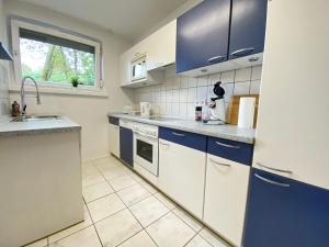 a kitchen with blue and white cabinets and a sink at Appartement Apelern (A2) - 2 Zimmer, Badewanne, Terrasse, Netflix in Apelern