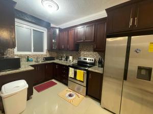 a kitchen with wooden cabinets and a stainless steel refrigerator at Jamrock Suites in Kingston