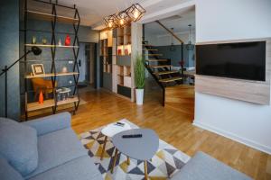 uma sala de estar com um sofá e uma televisão em Green Duplex em Novi Sad