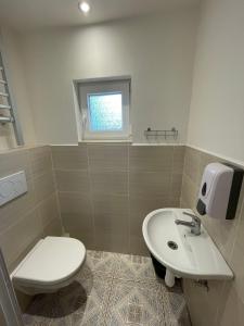 a bathroom with a toilet and a sink at Ubytování - Prázdninový Dům in Chlumec nad Cidlinou