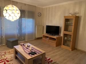 a living room with a tv and a table at Haus Sonnenschein in Holzbach