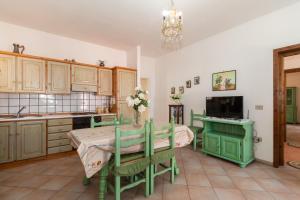 a kitchen with a table and a green stove at Appartamento Tulipano in Valledoria