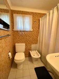 La salle de bains est pourvue de toilettes et d'un lavabo. dans l'établissement Casa Andina, à San Carlos de Bariloche