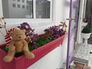 
a teddy bear is sitting in a window sill at Na-Rak-O Resort in Chiang Rai
