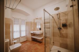 a bathroom with a shower and a toilet and a sink at Posada La Casa Del Pintor in Carmona +50 photos