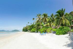 a beach with two blue chairs and palm trees at Hua Thanon2 in Laem Set Beach