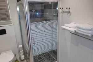 a bathroom with a shower and a toilet and towels at Petit Refuge in Les Trois-Îlets