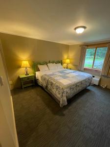 um quarto com uma cama, 2 candeeiros e uma janela em Northern Lights Lodge em Stowe