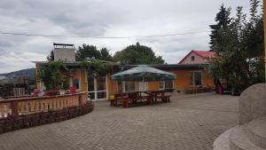 taras ze stołem i parasolem w obiekcie Penzion Duong Apartments w Karlowych Warach