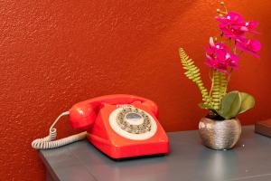 um telefone vermelho e um vaso com flores sobre uma mesa em Americana Inn Motel em South San Francisco