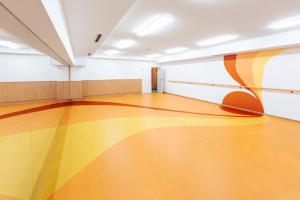 un gimnasio con una cancha de baloncesto con un suelo colorido en Hotel Artaban en Žirovnice