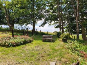 a wooden bench in a field with trees and flowers at Welshhomestead in Tregaron