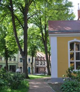 a building in a park with trees at Apartment in der Altstadt in Ueckermünde