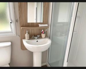 a bathroom with a sink and a shower at Exotic 3-Bed Caravan at Newquay Holiday Park in Newquay