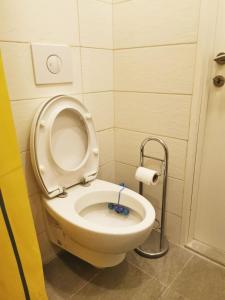La salle de bains est pourvue de toilettes avec un siège. dans l'établissement Centrum, à Sarajevo