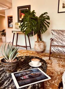 a living room with two potted plants and a coffee table at The 108 Hotel in Islamabad