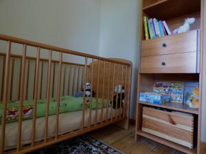 a nursery with a crib and a book shelf at Ferienwohnung Högel Großjena in Naumburg