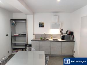 a kitchen with a sink and a counter top at Loft Zen SPA Balneo Parking Gratuit Sauna Hammam Billard in Agen