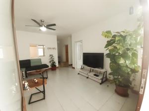 a living room with a flat screen tv and plants at Bimbache Home in Frontera