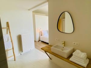 La salle de bains est pourvue d'un lavabo et d'un miroir mural. dans l'établissement Rooms & Loft De Post, à Gavere