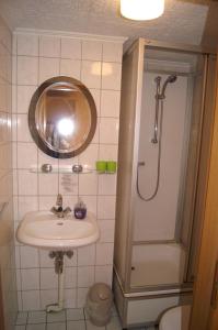 a bathroom with a sink and a shower at Pension Zur Sonne in Mansfeld