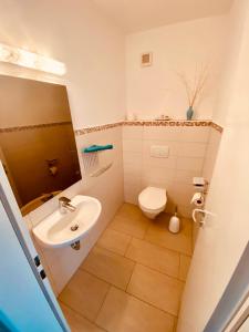 a small bathroom with a sink and a toilet at COAST HOUSE Dünenloft in Bremerhaven