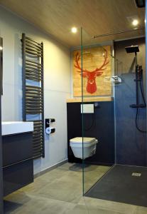 een badkamer met een toilet en een glazen douche bij Le Cerf1 in Bertogne
