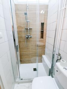 y baño con ducha, aseo y lavamanos. en Fly Residence, en Arad
