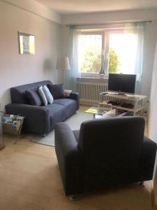 a living room with a blue couch and a television at Ferienwohnung Roder in Marburg an der Lahn