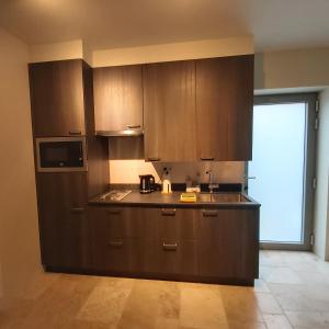 a kitchen with wooden cabinets and a counter top at Holiday Apartment Al 't Sanna in Geraardsbergen