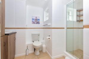 a bathroom with a toilet and a glass shower at Lagoon View Cottage in Knysna