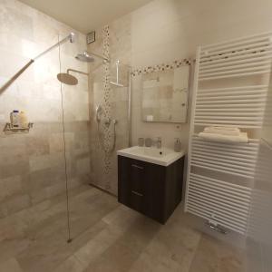 a bathroom with a sink and a glass shower at Holiday Apartment Al 't Sanna in Geraardsbergen