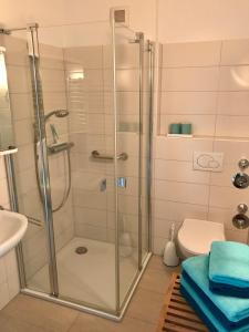 ein Bad mit einer Dusche und einem WC in der Unterkunft COAST HOUSE Dünenloft in Bremerhaven