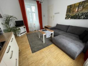 ein Wohnzimmer mit einem Sofa und einem Tisch in der Unterkunft LE-Citywohnung-I in Leipzig
